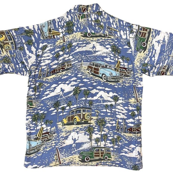 Art of Eddy Y by Reyn Spooner Surfer and Woody Print Short Sleeve Hawaiian Shirt - Picture 2 of 7